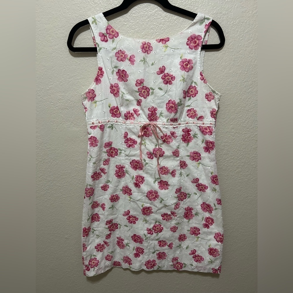Vintage 90s White Floral Eyelet Mini Dress Cottagecore Coquette Size Estimated S